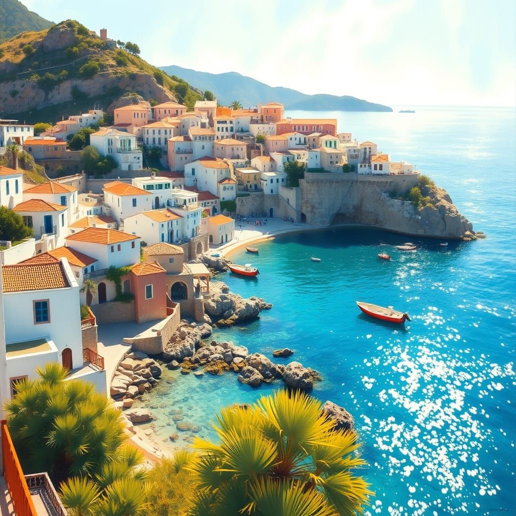 Beautiful Mediterranean Coastal Town in Golden Sunlight