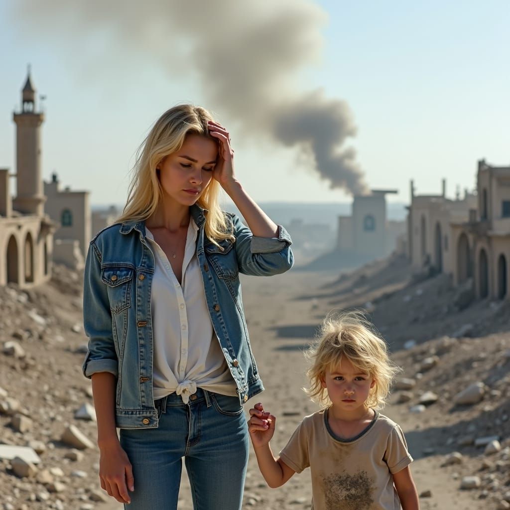 Woman and Child in War-Torn City Ruins