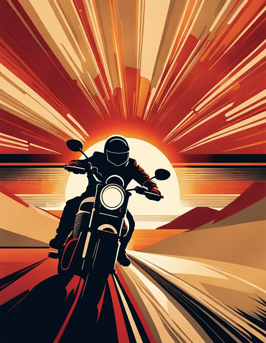 Motorcyclist at Sunset: Dynamic Graphic Illustration
