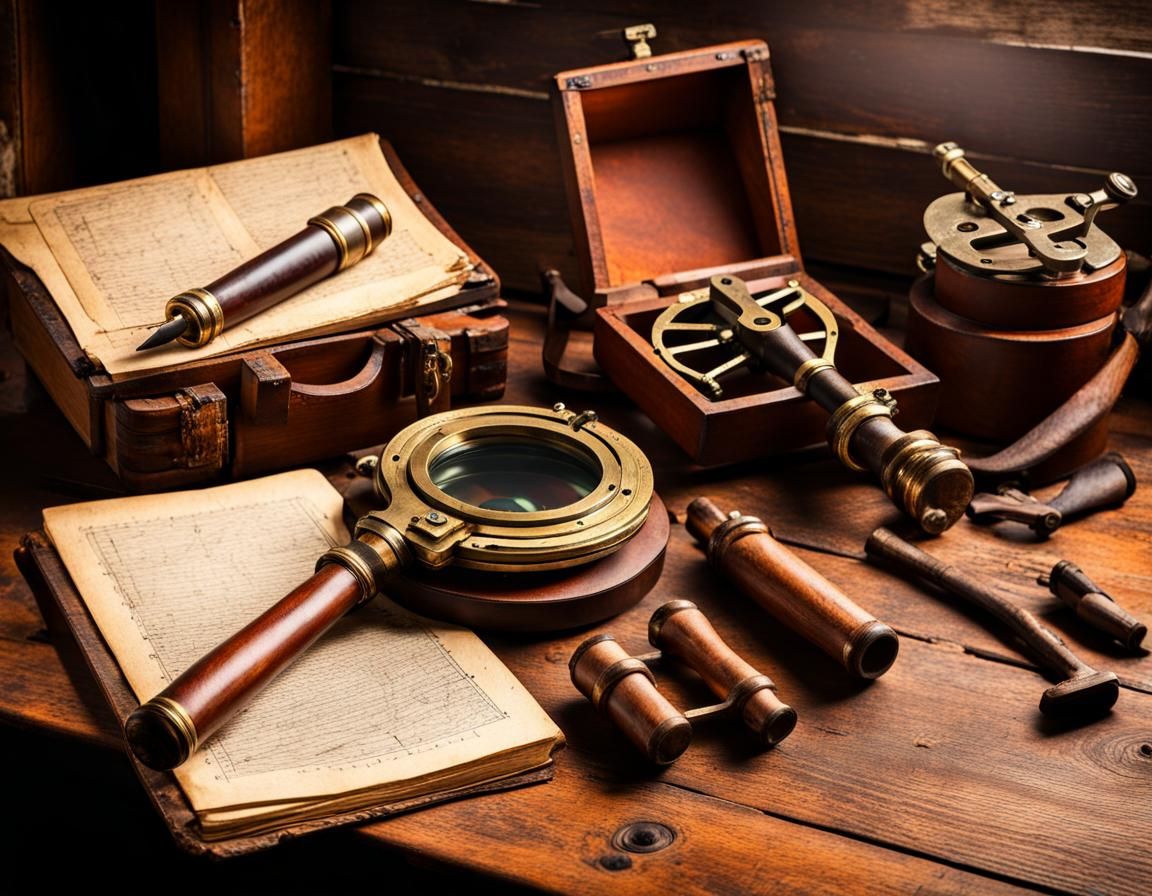Ancient Mariner's Tools on Ship: Sextant and Journal