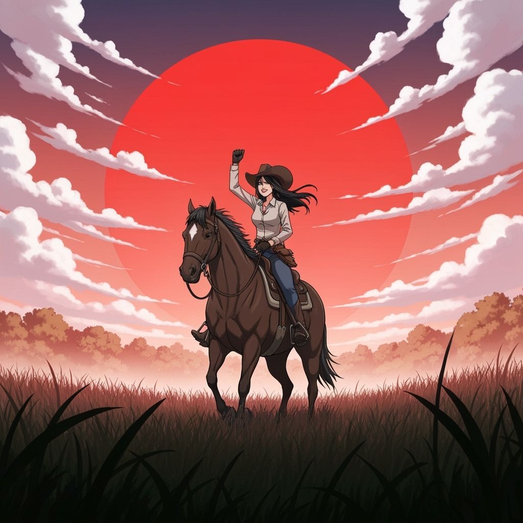 Cowgirl Rides Through Prairie at Sunset in Anime Style