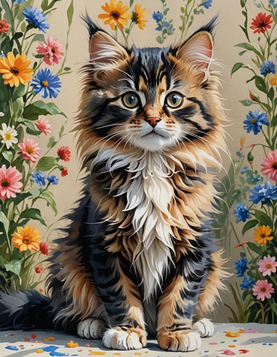 Cute Fluffy Kitten in Gouache and Watercolor Style