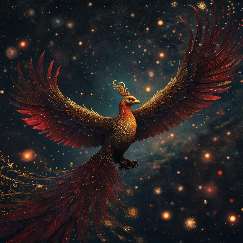 Golden Ruby Phoenix in Pointillism Style