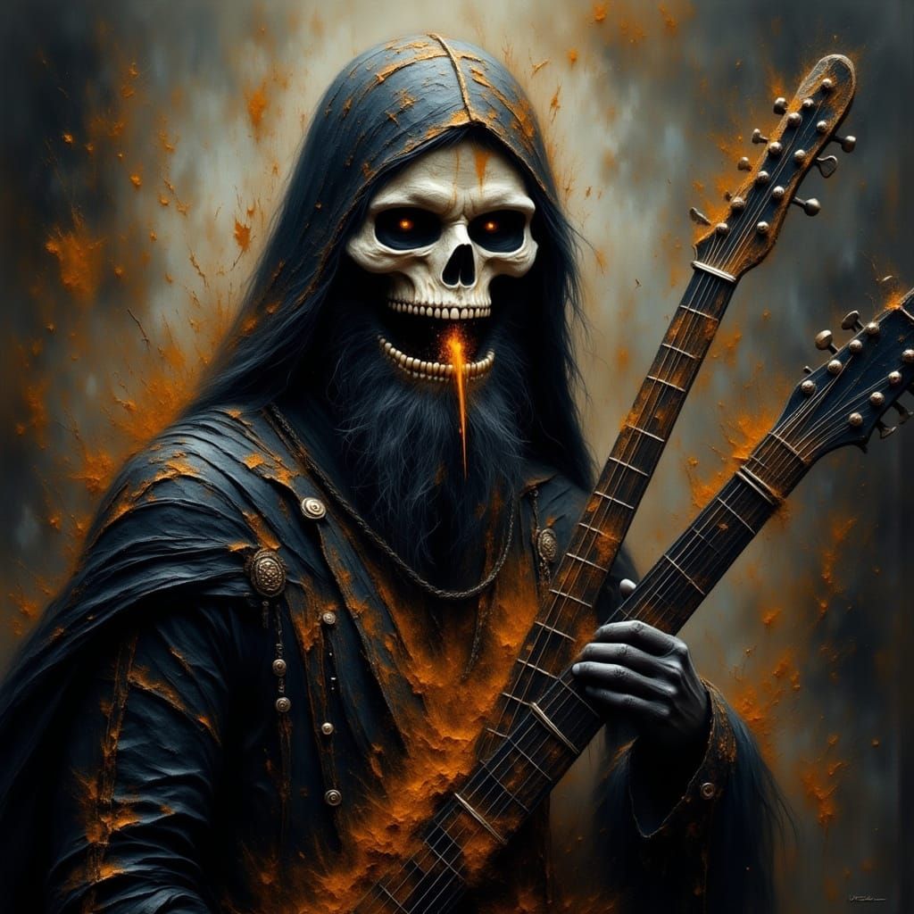 Grinning Skull Guitarist in Smoky Grunge Style
