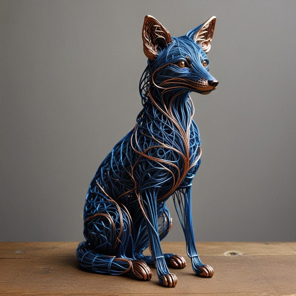 Wire Fox Sculpture in Blue and Copper