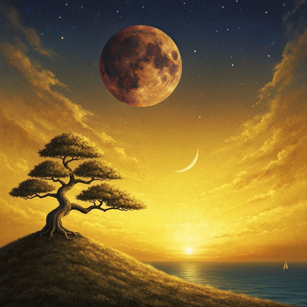 Golden Bonsai Tree Under Blood Moon