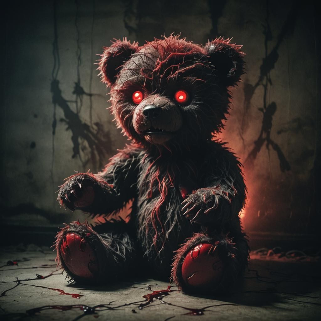 Eerie Teddy Bear Portrait in Dark Surrealism Style