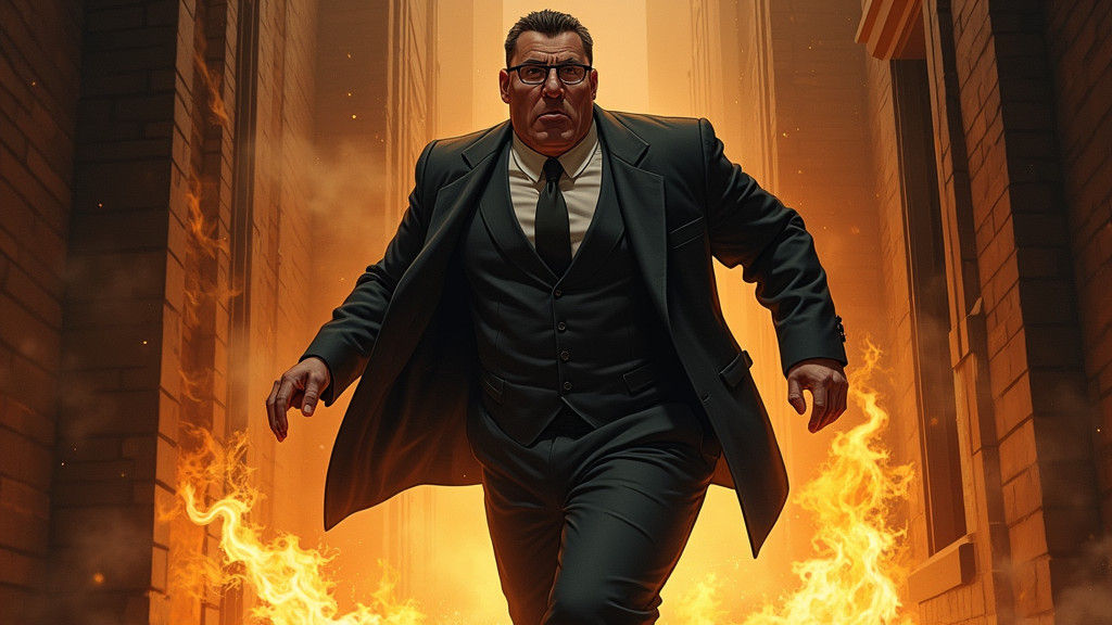 1940s Noir Detective Running From Burning Office