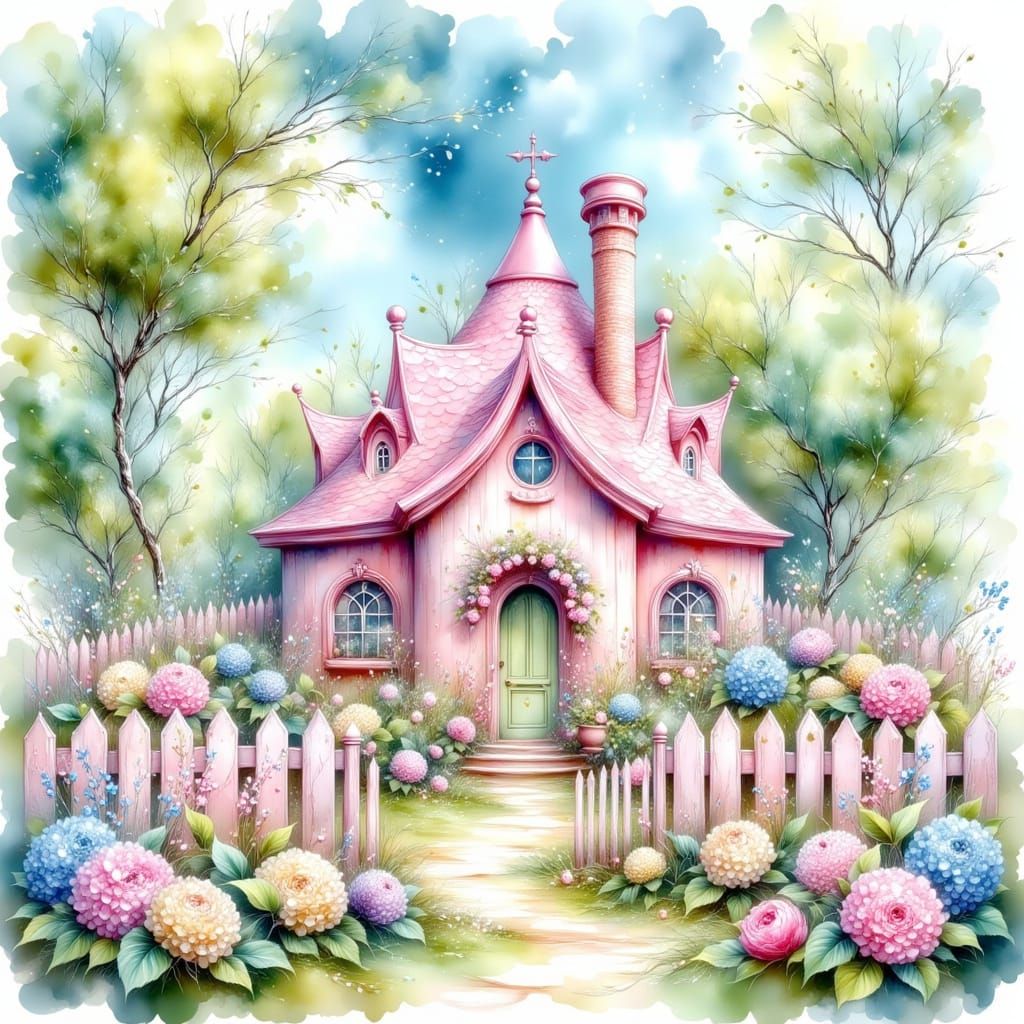 A magical pink house, rounded in shape, stands in the center...