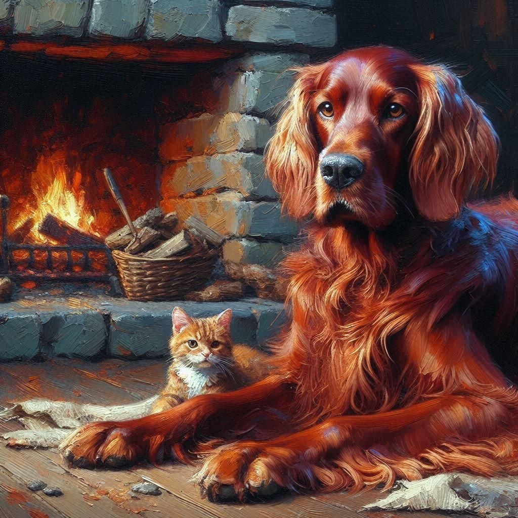 Irish Setter and Cat as Oil Painting
