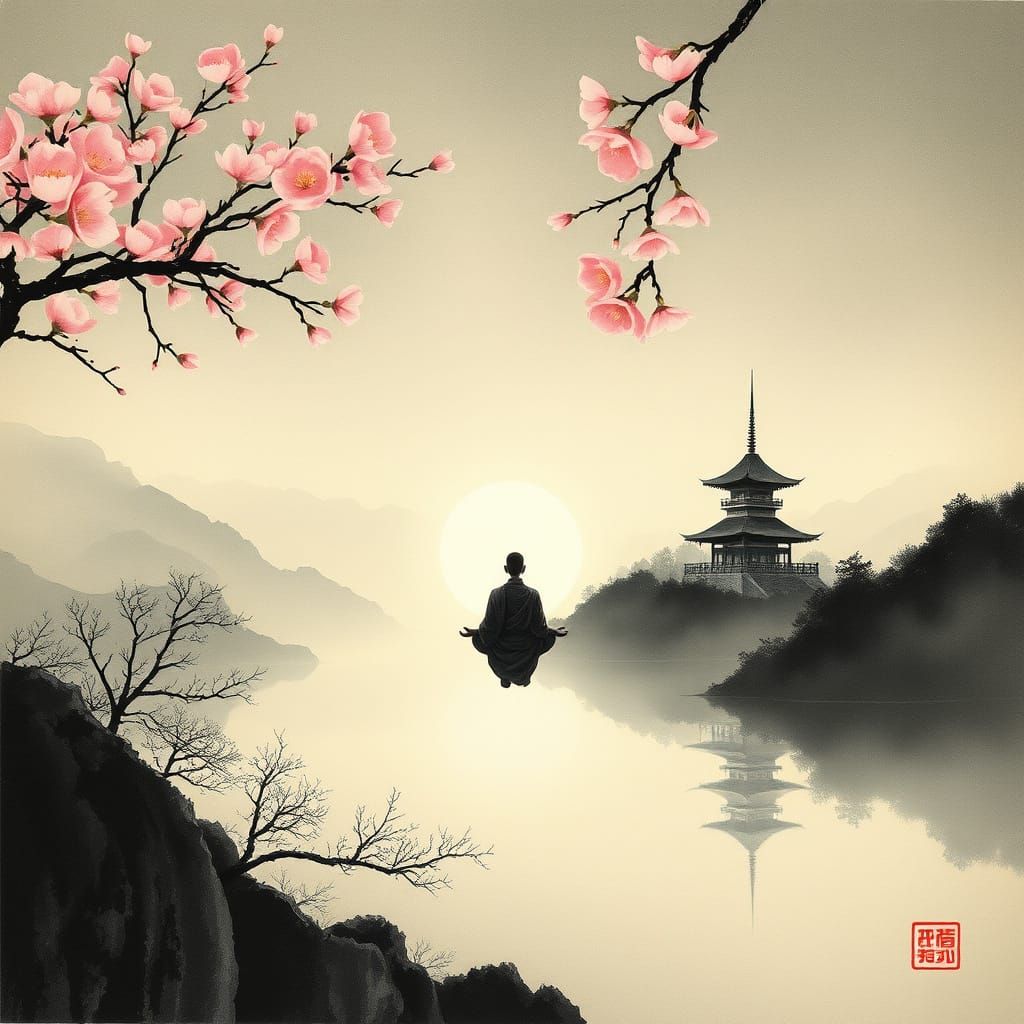 Meditating Monk Above Mountain Lake in Sumi-e Style