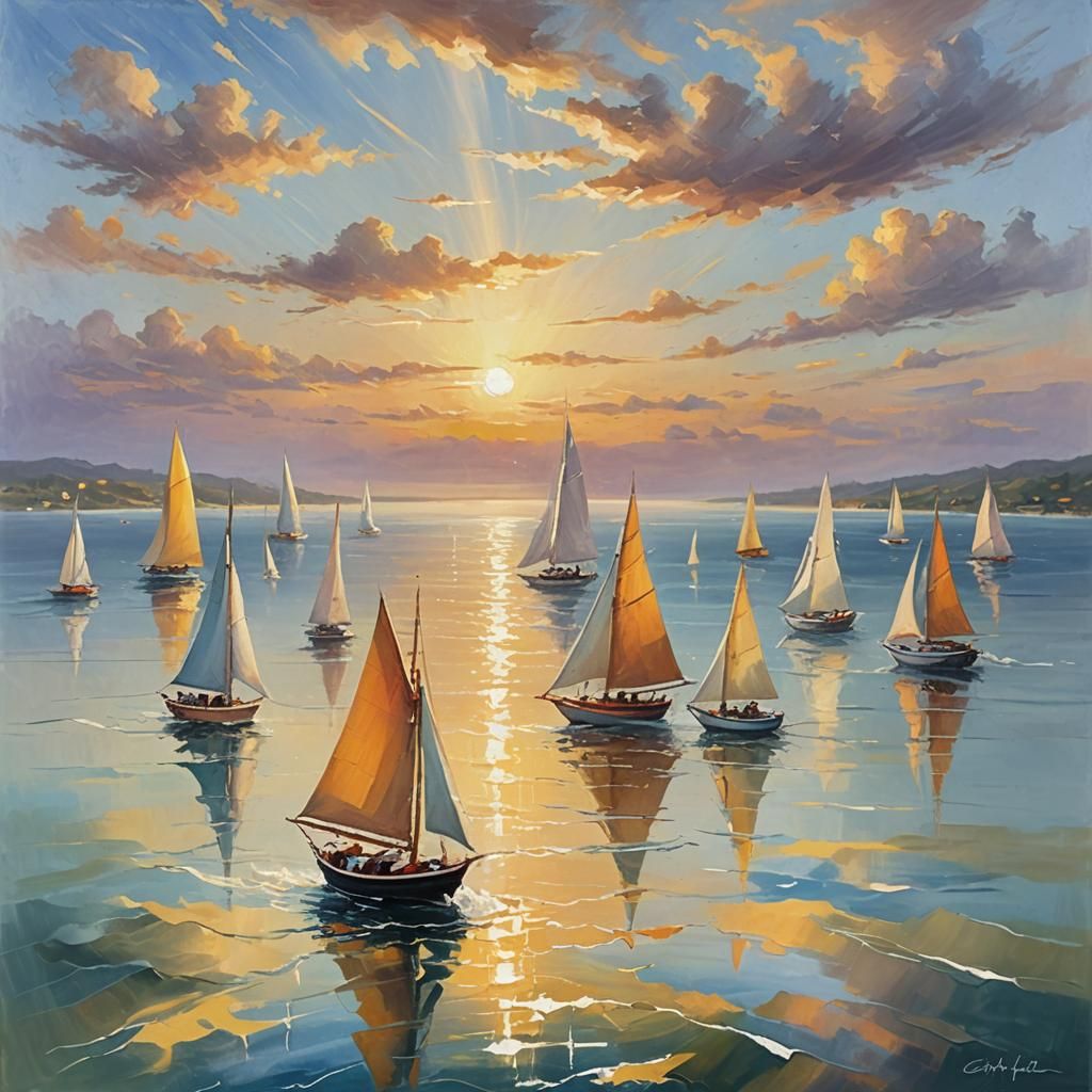 Impressionist Seascape: Vibrant Boat Under Golden Light