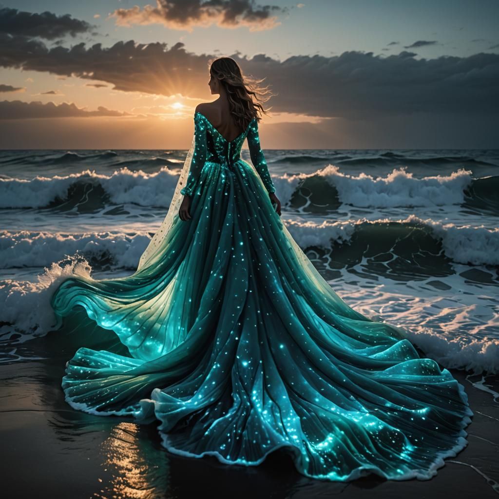 Bioluminescent Wave Dress Merging with Ocean