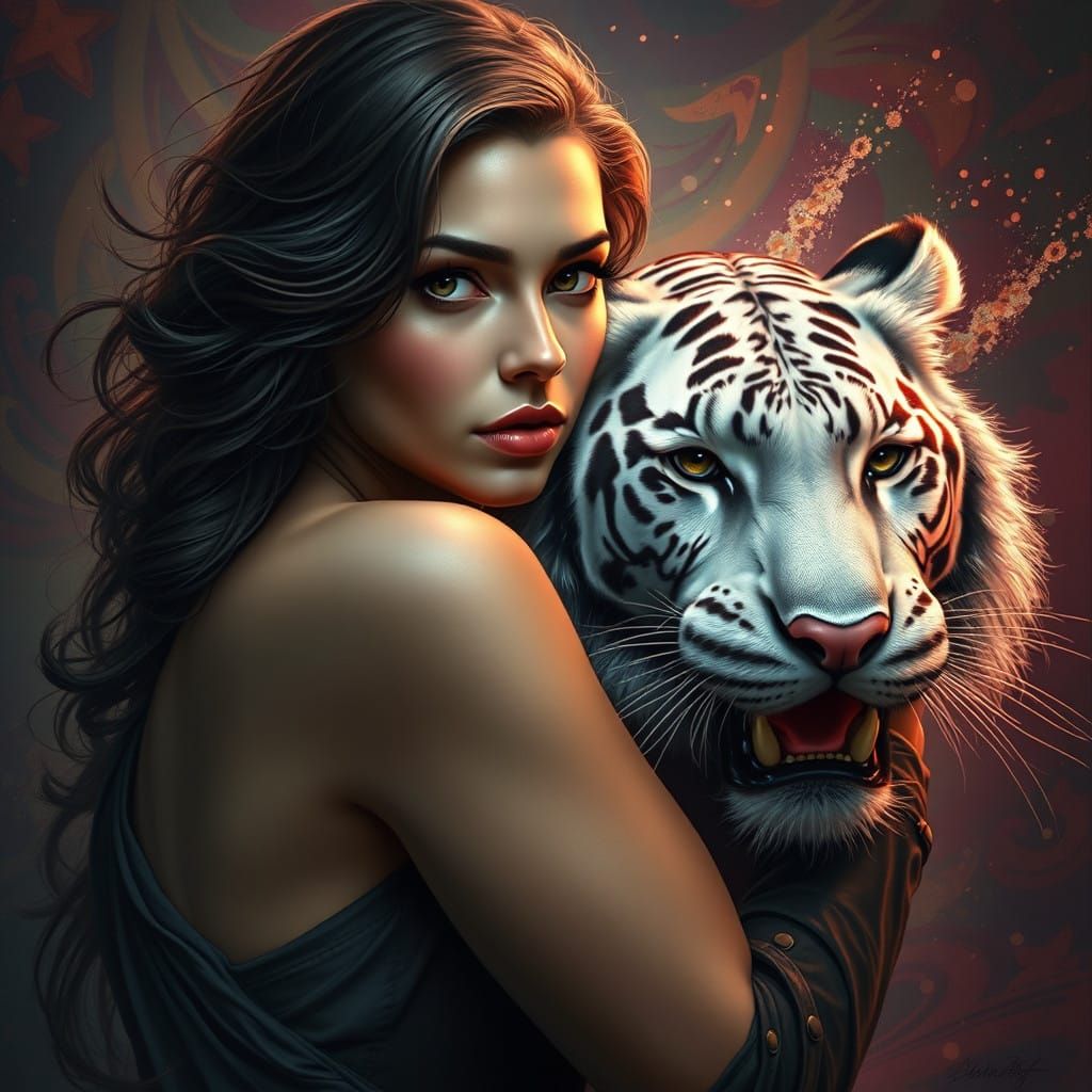 Luxurious Dark-Haired Woman Embraces a White Tiger in Hyperr...