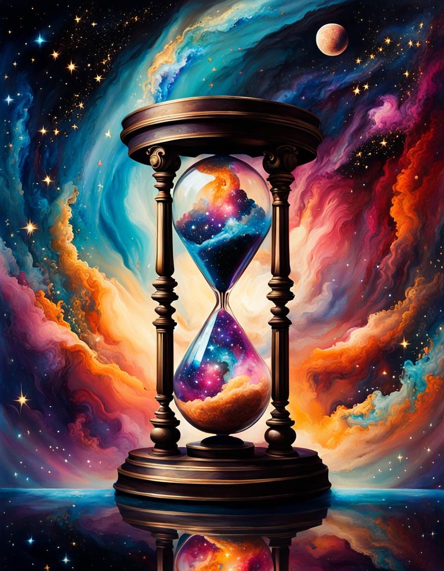 Galaxies Swirling Within Hourglass in Gouache Painting Style