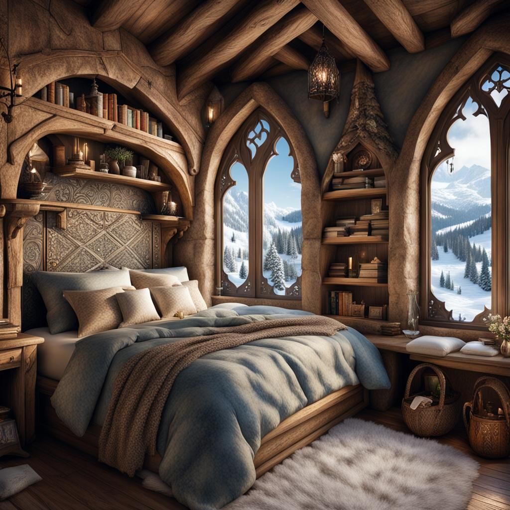 Medieval Fantasy Bedroom with Snowy Landscape