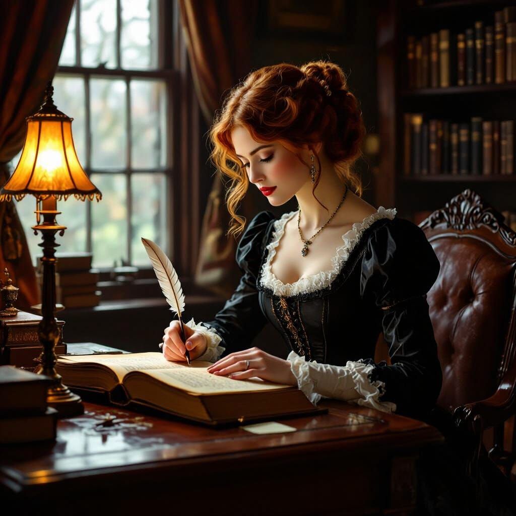 Victorian Woman Writes by Lamplight in Romantic Oil Painting...
