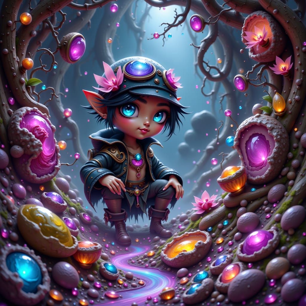 Adventurer Surrounded by Treasure in Neon Splatter Art