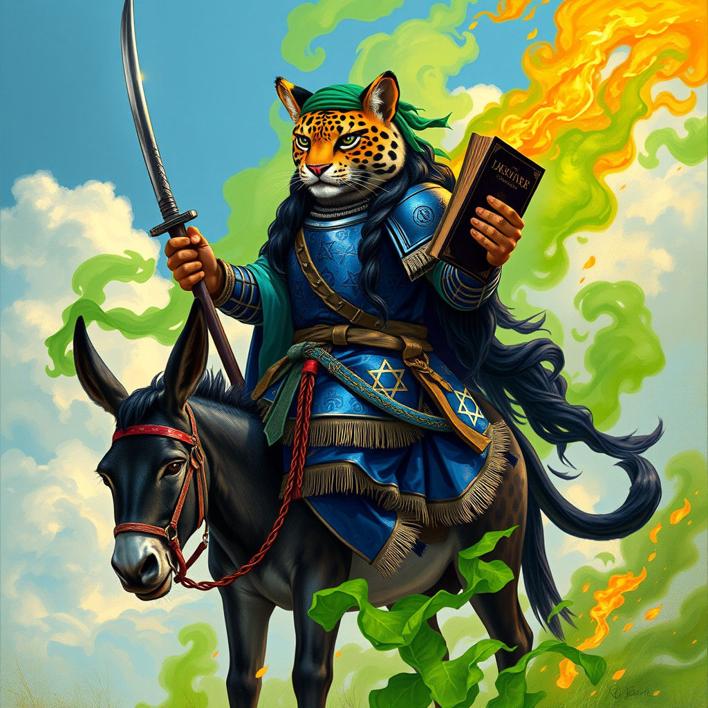 Jaguar Samurai on Donkey, Art Nouveau Style