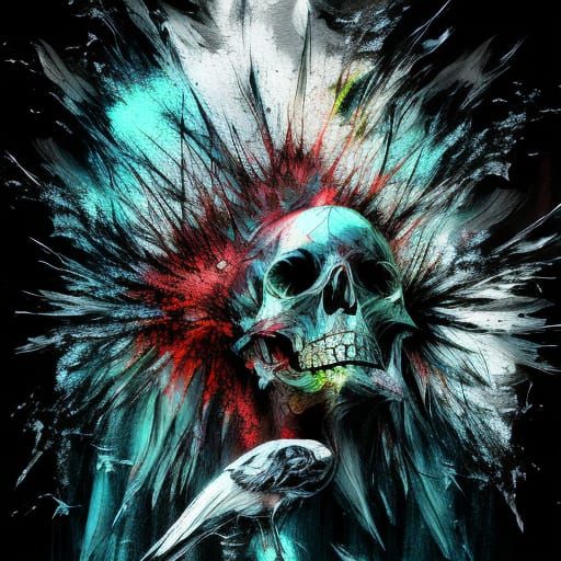 Raven and Skull in Bottle, Impasto Art