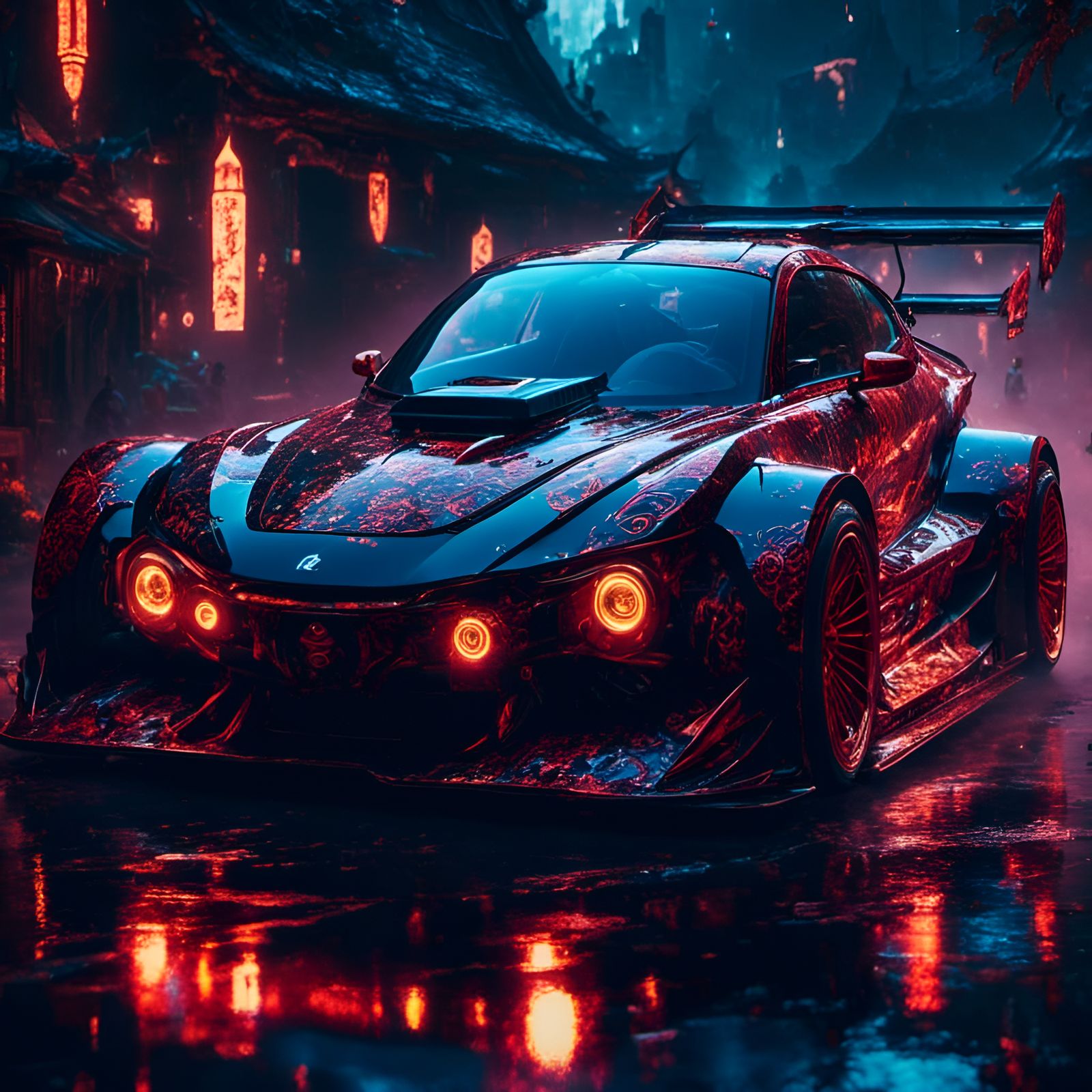 Ornate Red Japanese Racing Car in Solarpunk Village