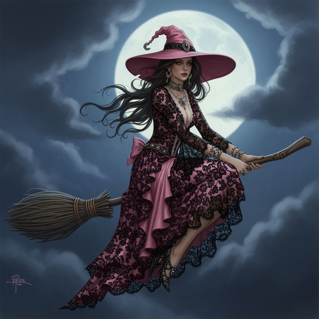 Witch Flying on Broomstick Under Moonlight
