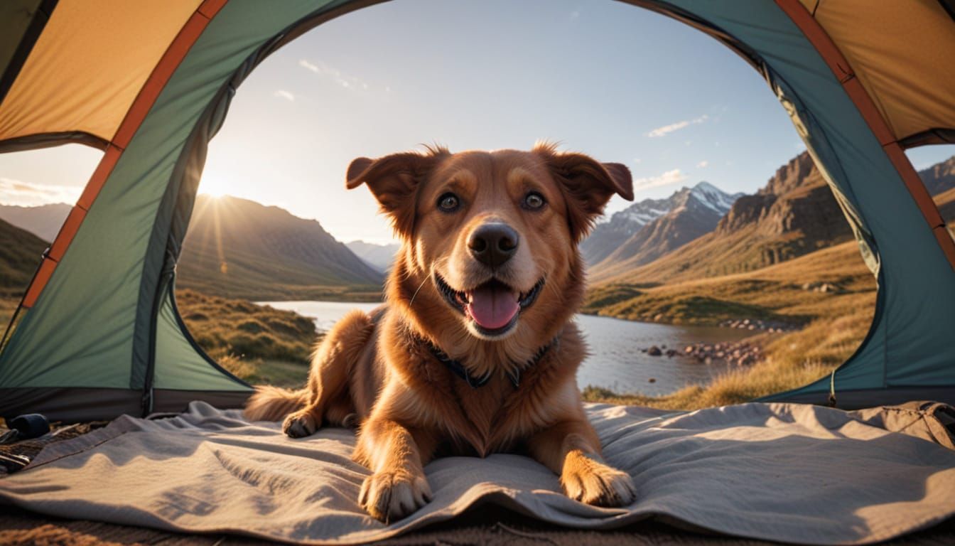 Dog in Tent at Dawn: Photorealistic Nature Photography