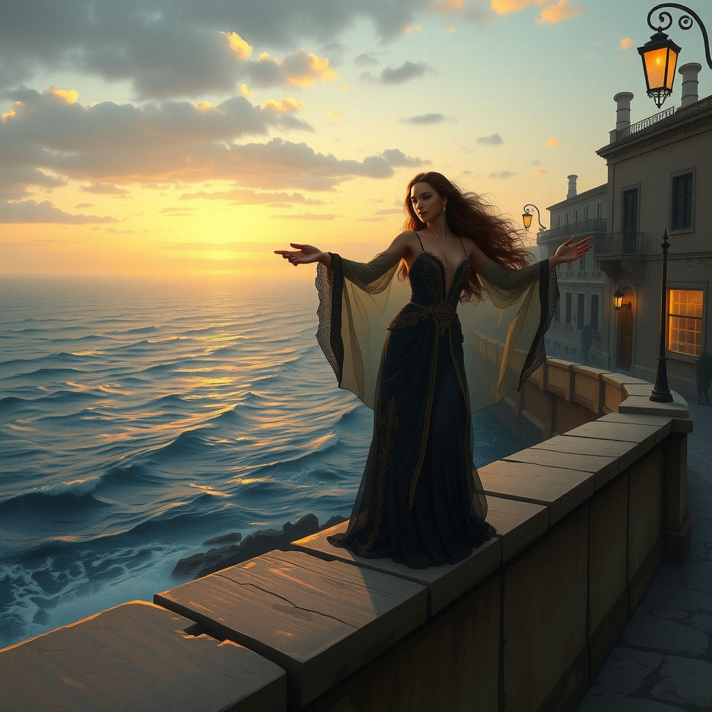 Elegant Woman by the Sea at Dusk