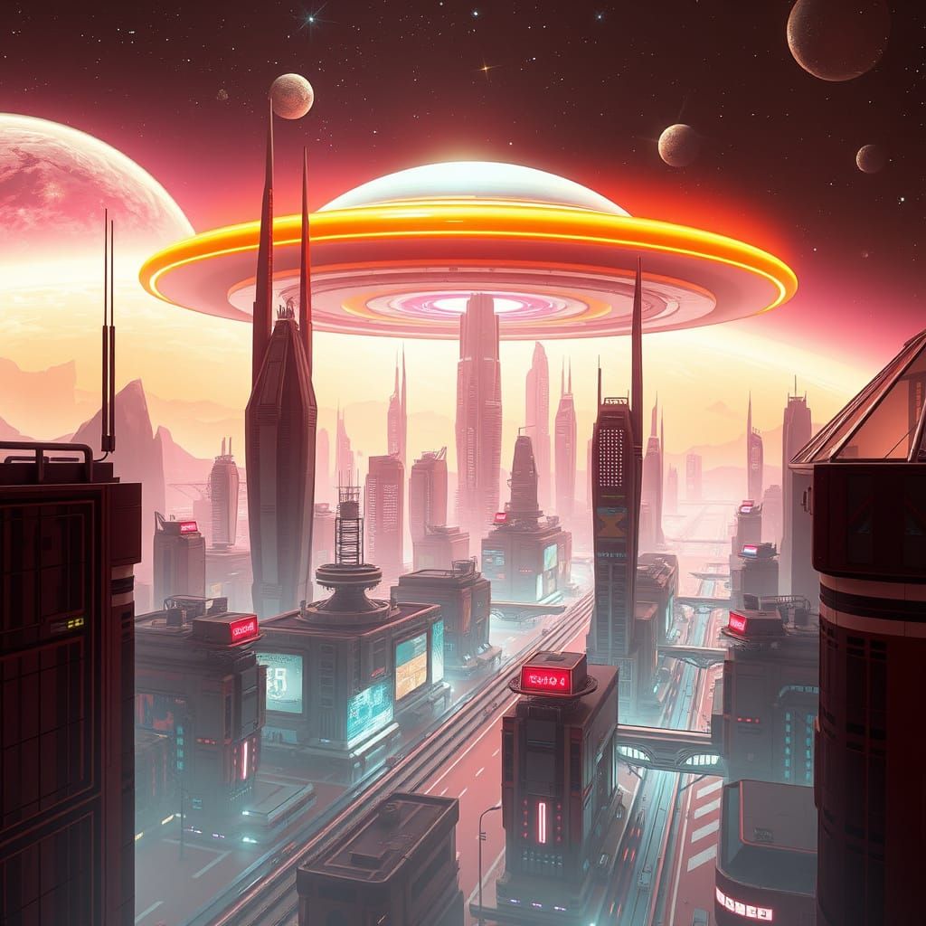 Alien Cityscape with Plasma Dome, Cyberpunk Style