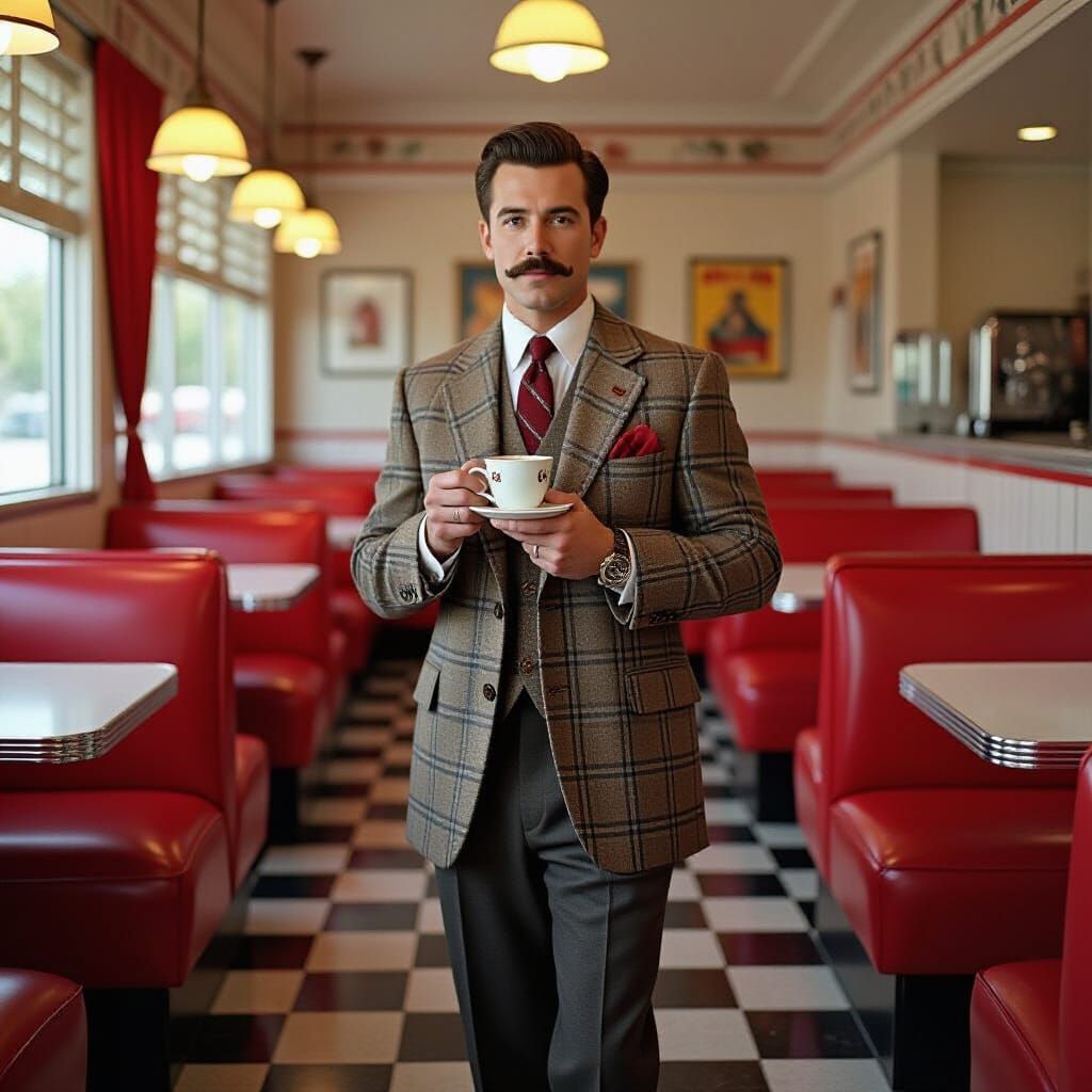 Dapper Man in Retro Diner, Rockwell Style