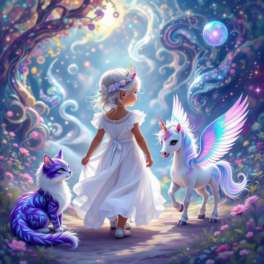 Cosmic Toddler with Dragon and Unicorn Friends