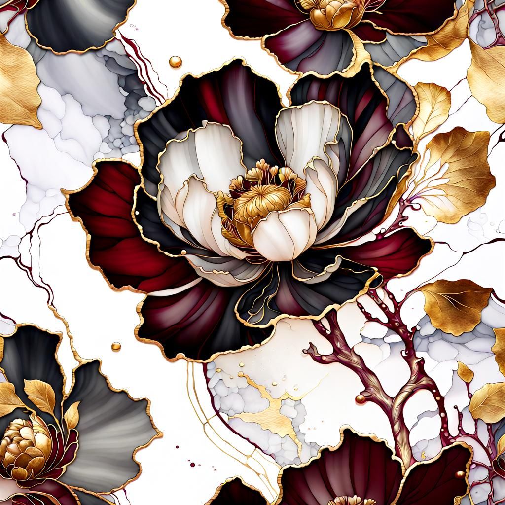 Wine Red Peony with Gold Leaf in Art Nouveau Style