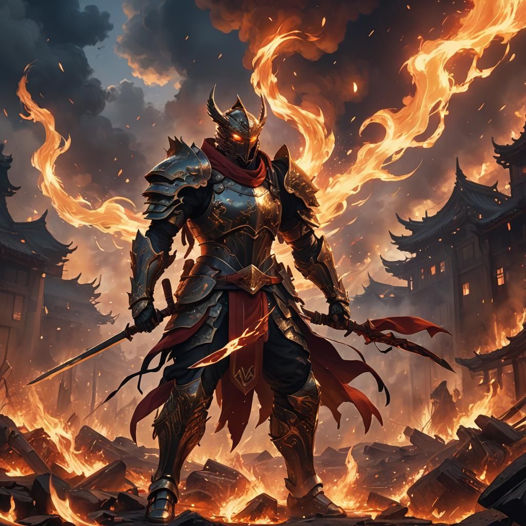Warrior Amidst Inferno in Anime Style