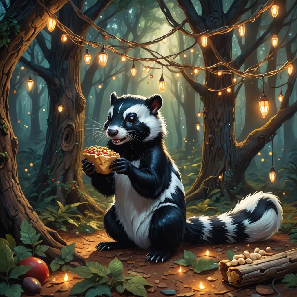 Skunk's Mystical Forest Feast in Oil Painting Style