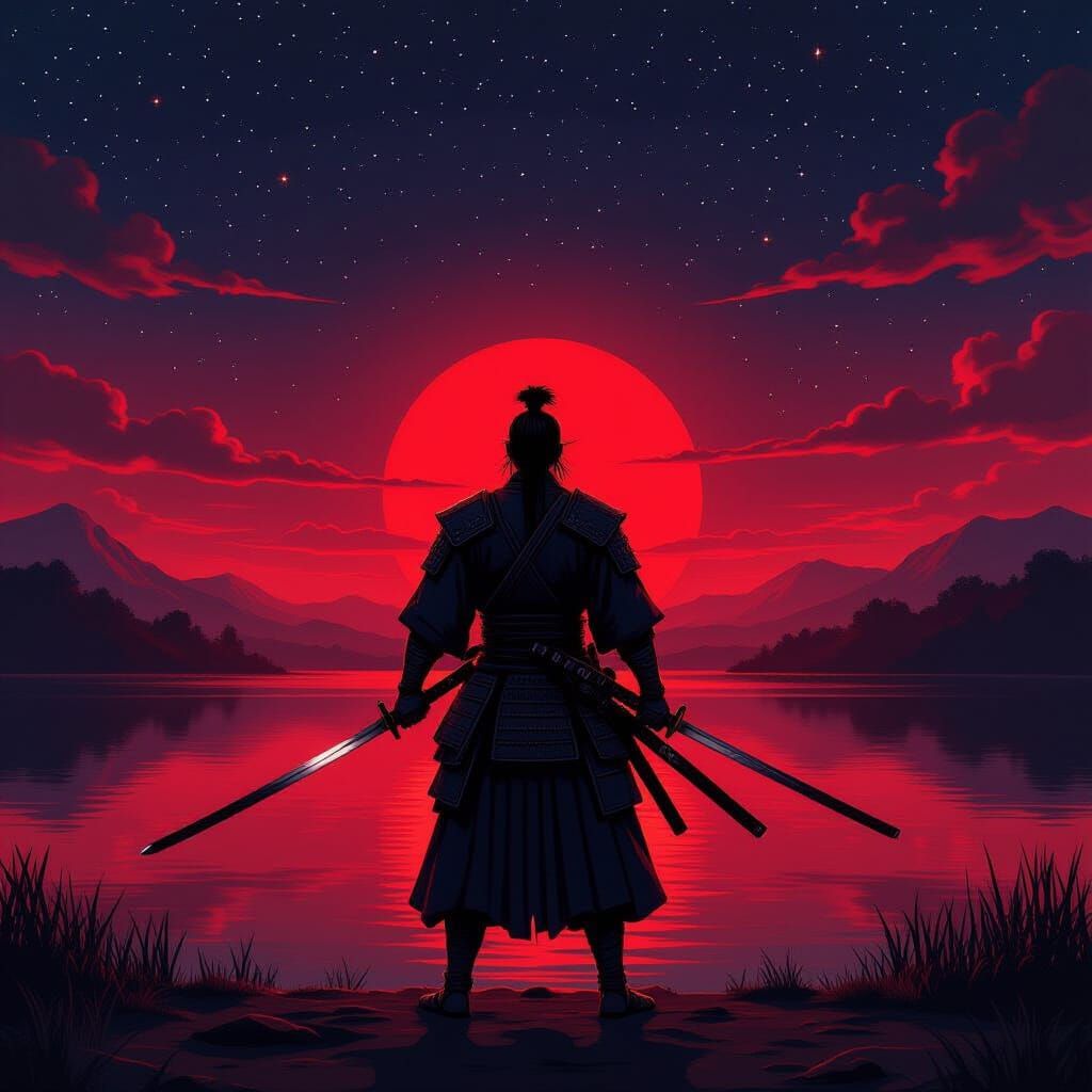 Stoic Samurai Warrior Under Starry Crimson Night Sky