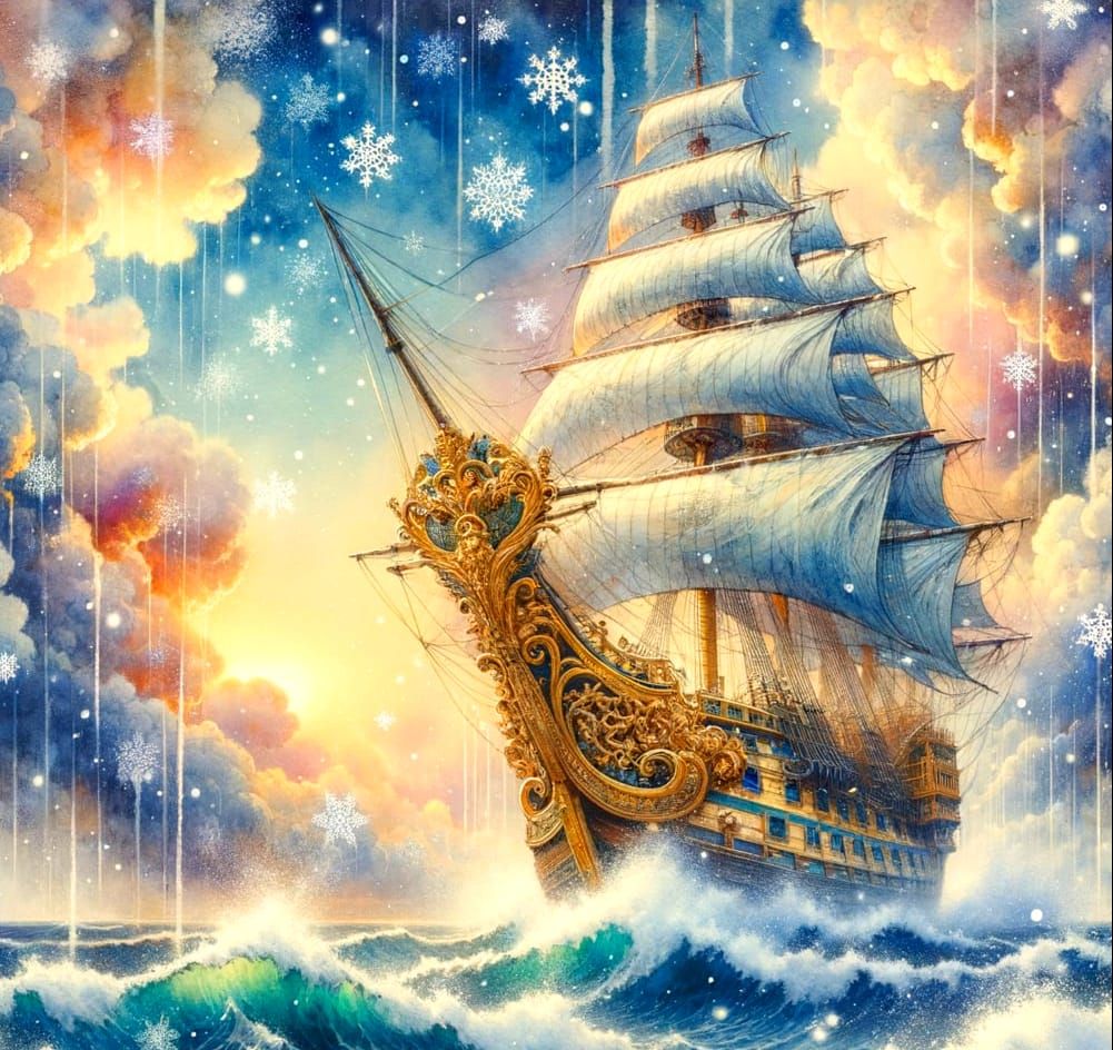 Majestic Sailing Ship in Whimsical Watercolor Style