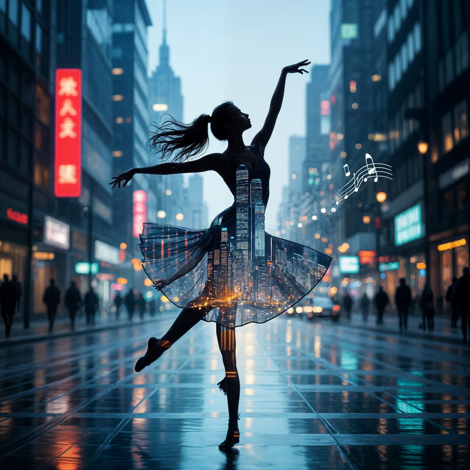 Female Dancer Silhouette with Vibrant Cityscape Within