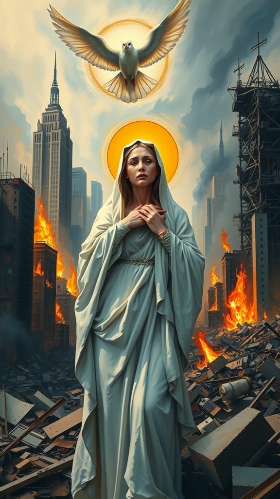 Sorrowful Virgin Mary in a Ruined Cityscape