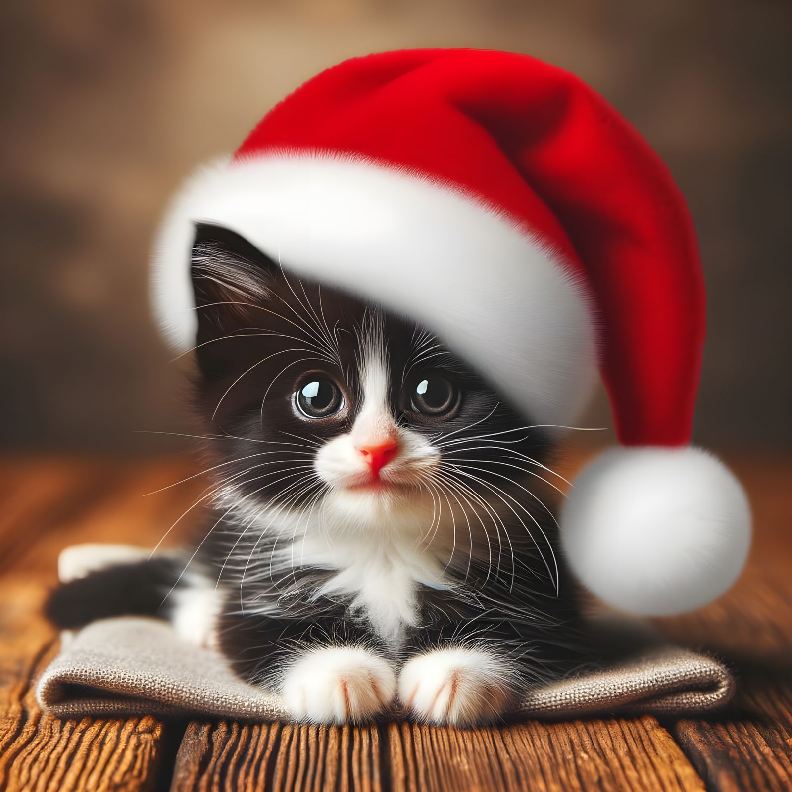 Cheerful Black and White Kitten in Santa Hat