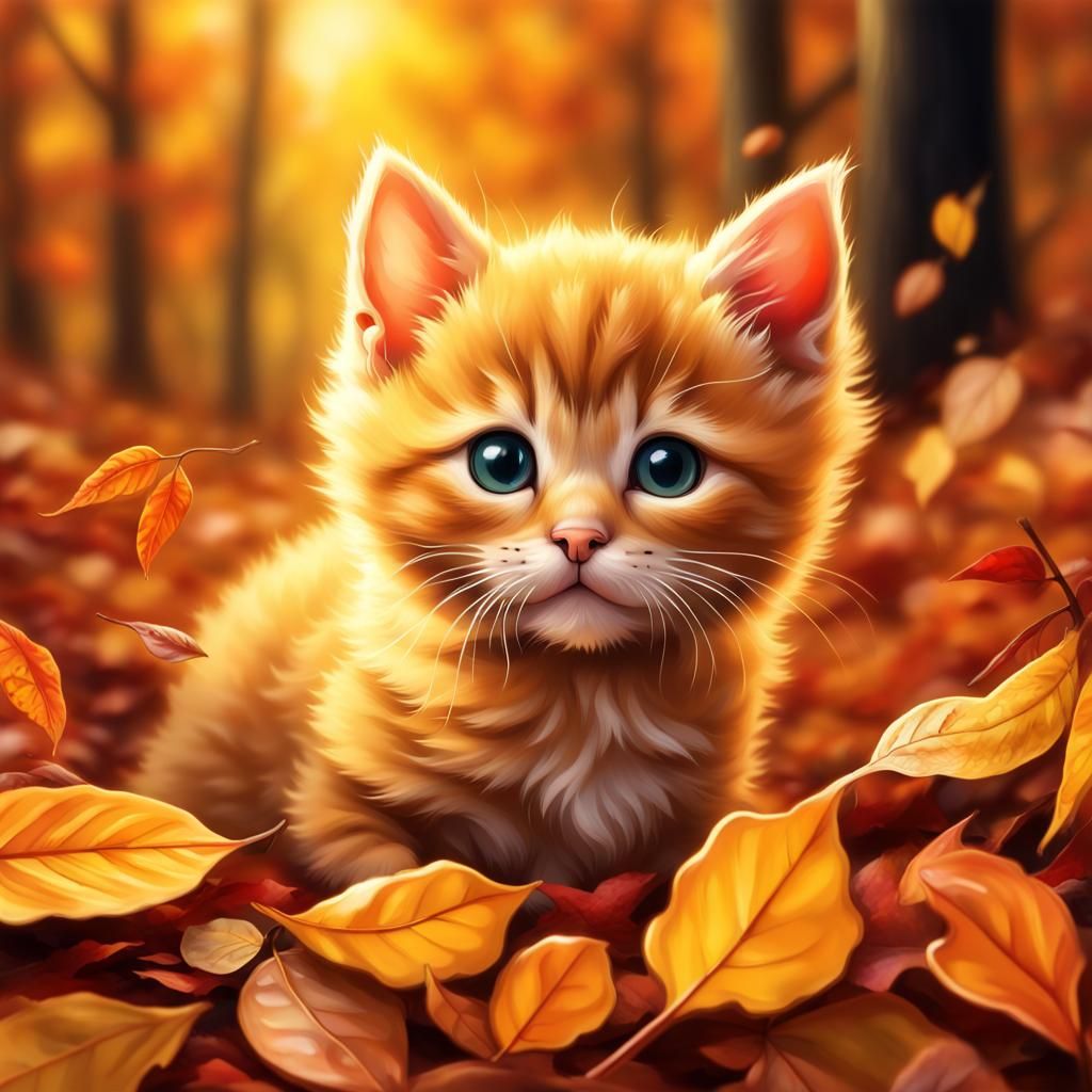 Cute Chibi Kitten Peeking Through Autumn Leaves