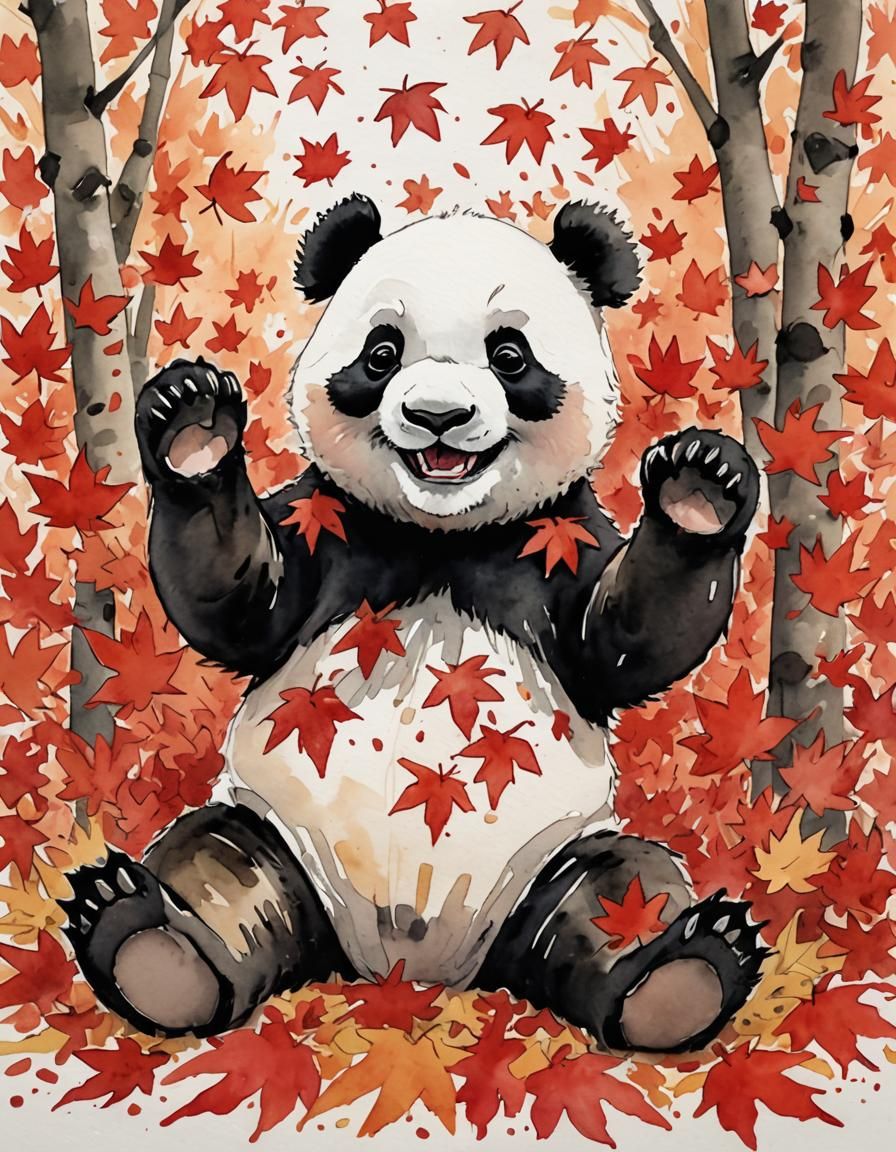 Happy Panda in Maple Leaves, Watercolor Illustration