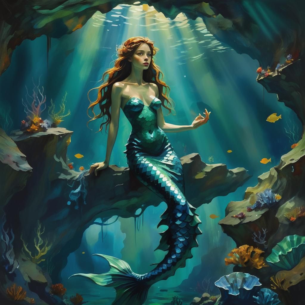 Ethereal Mermaid in Underwater Cave: Expressionist Style