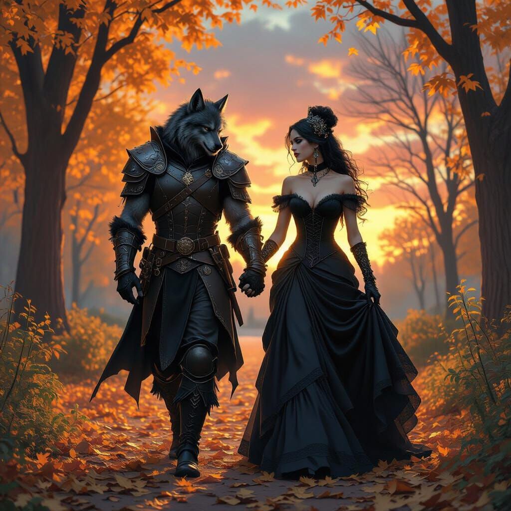 Werewolf Warrior and Showgirl Stroll in Park