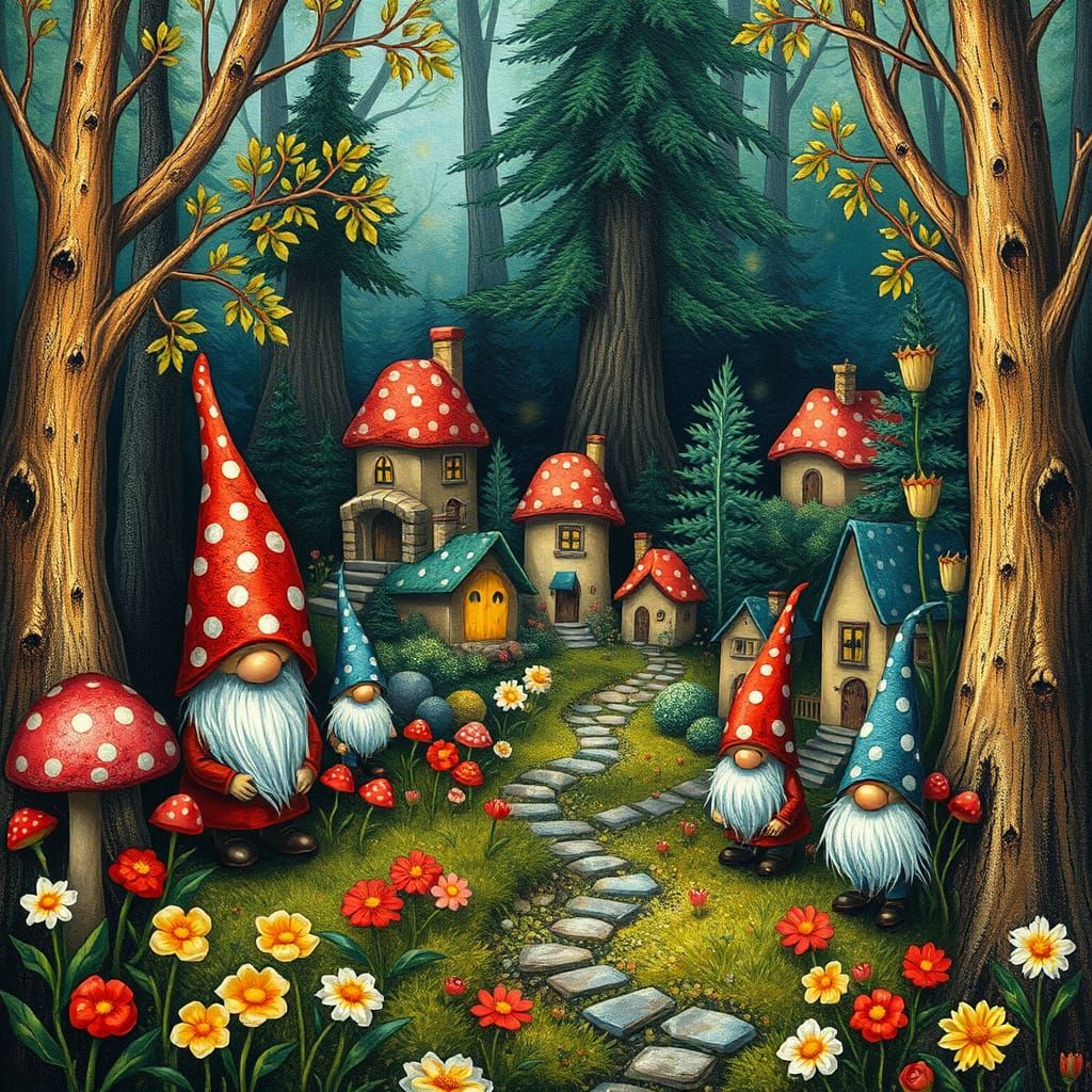 Polka-Dotted Gnome Village in Lush Forest