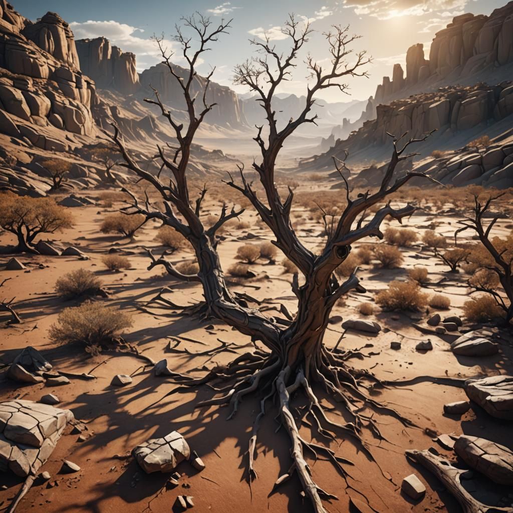 The landscape is dry and barren, with cracked earth and no signs of greenery or life. The once lush grass has disappeare...