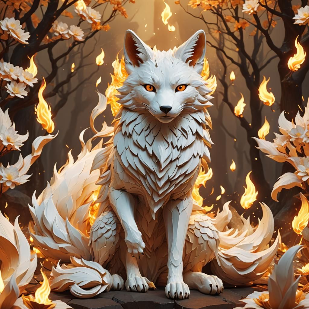 Fiery White Kitsune in Realistic 3D Digital Art