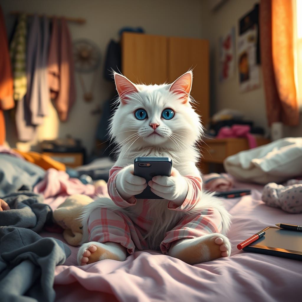 Whimsical Cat in Morning Chaos, in Photorealistic Style