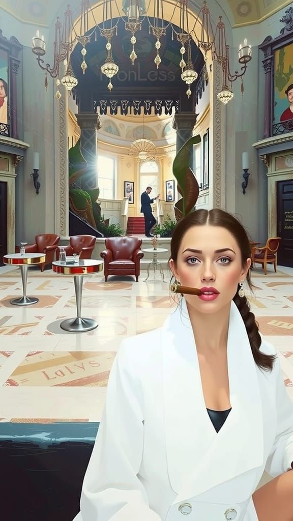 Elegant Woman Smoking Cigar in Film Noir Style