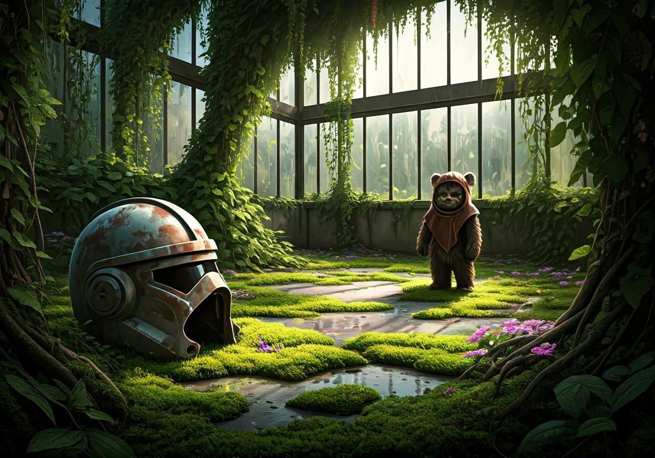 Helmet in Overgrown Greenhouse with Painterly Realism