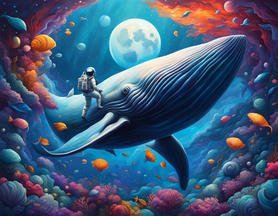 Astronaut, Whale, Mermaid in Space Graffiti Art